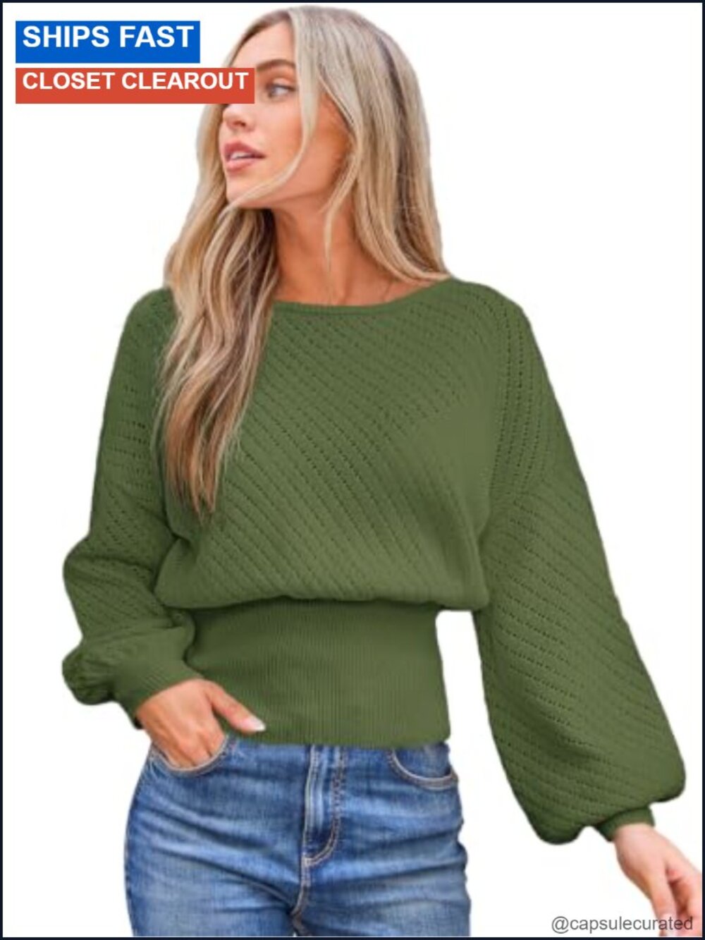 CUPSHE Women's Knit Sweater Puffy Sleeves Boatneck Pullover Top